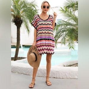 Rainbow Stripe Scalloped V-Neck Cover-Up Dress